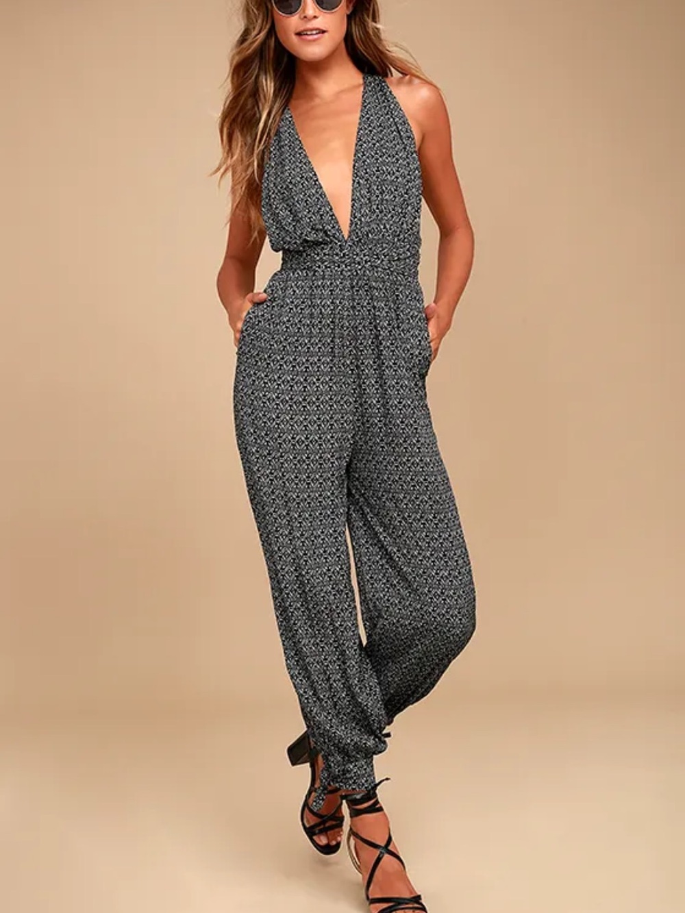 Lulu's Black Printed Halter Deep V Jumpsuit